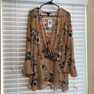 Beige floral chiffon side knot blouse